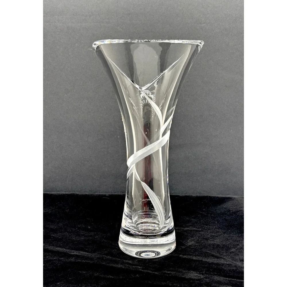 Clear Crystal Flared Vase Frosted Ribbon Etched Tri-Corner Rim 8.5 inch